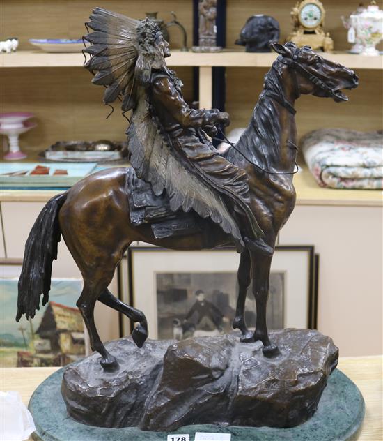 After C. Kauba. A bronze of an Indian chief on horseback height 62cm width 50cm